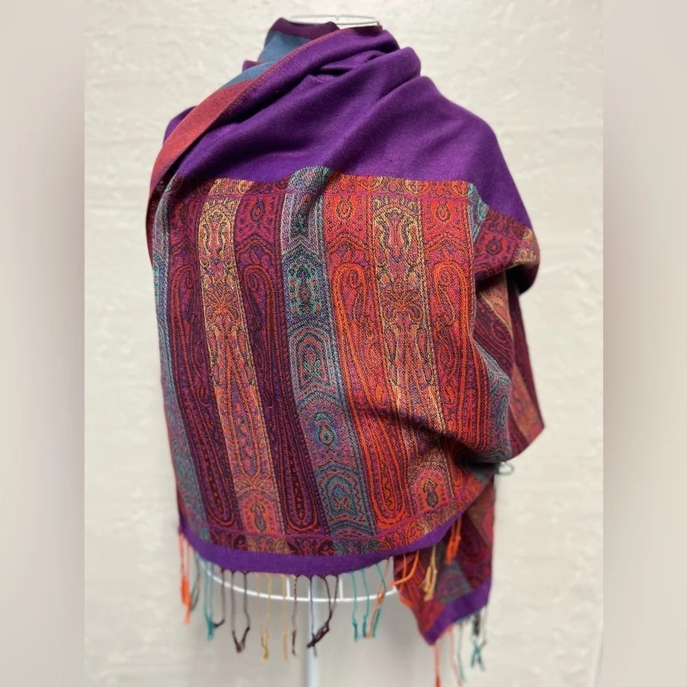 Vintage Colorful Woven Shawl Wrap Scarf Purple Orange Aqua 27” x 68”